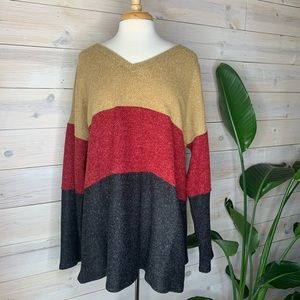 Tan Red Charcoal Colorblock Long Sleeve Sweater